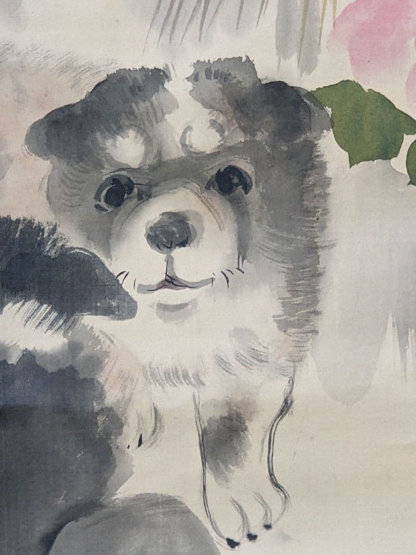 ♢犬と椿図 絹本水墨画 墨彩画 掛け軸？円山派 明治時代 鹿角古美術