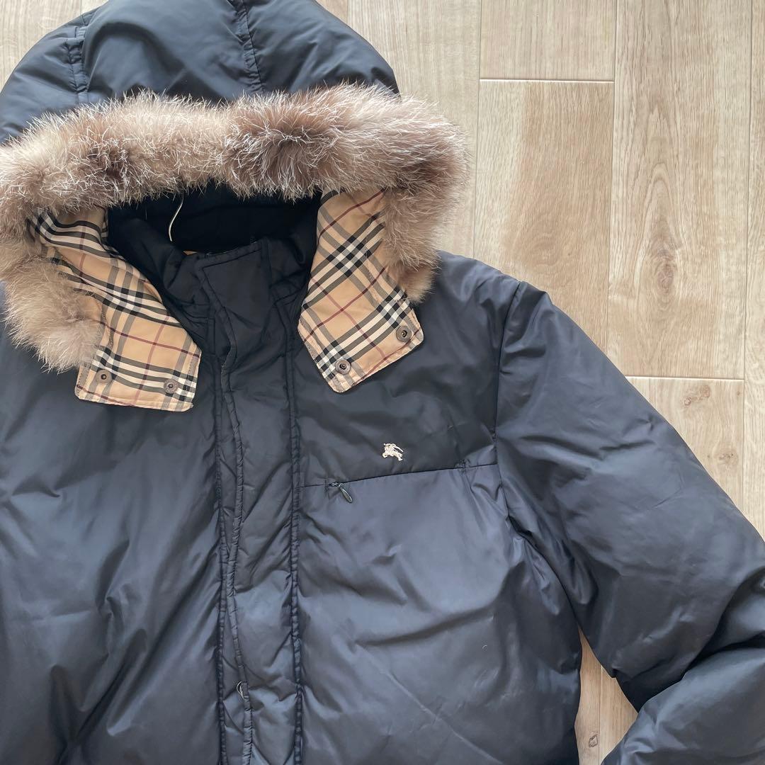 バーバリー ダウンコートジャケット フォックスファー ノバチェック 黒