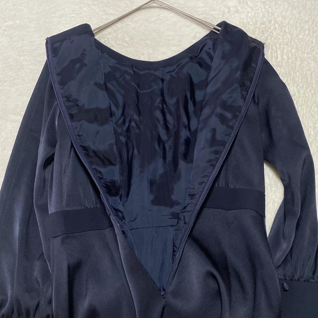 DE0077【アナイ】ワンピース【36】ミディ丈 フレア 長袖 濃紺 光沢感