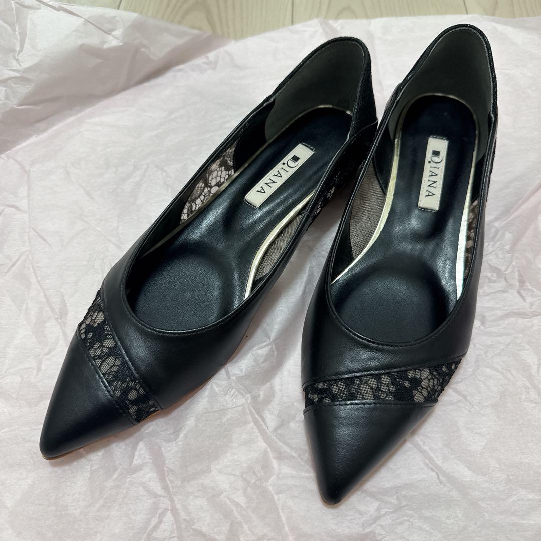 DIANA ダイアナ ブラック 黒 レースフラットシューズ 23.5 アルテミス バイ ダイアナ artemis by DIANA チュールレース ポイン