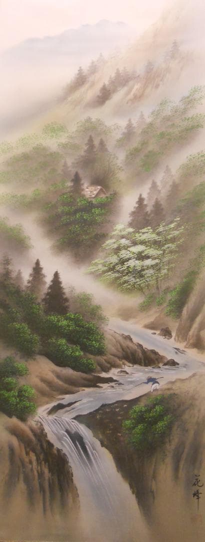 掛け軸 花峰 彩色山水 絹本 希少 軸装 茶道具 掛軸 美品 です。 - メルカリ