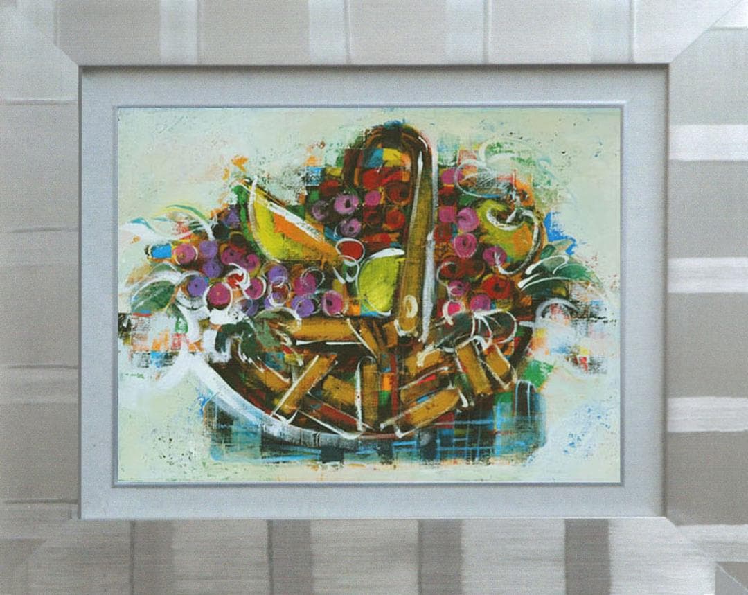 油絵菅家令子絵 絵画インテリア額付(青緑＋金色の枠)uF6-061403