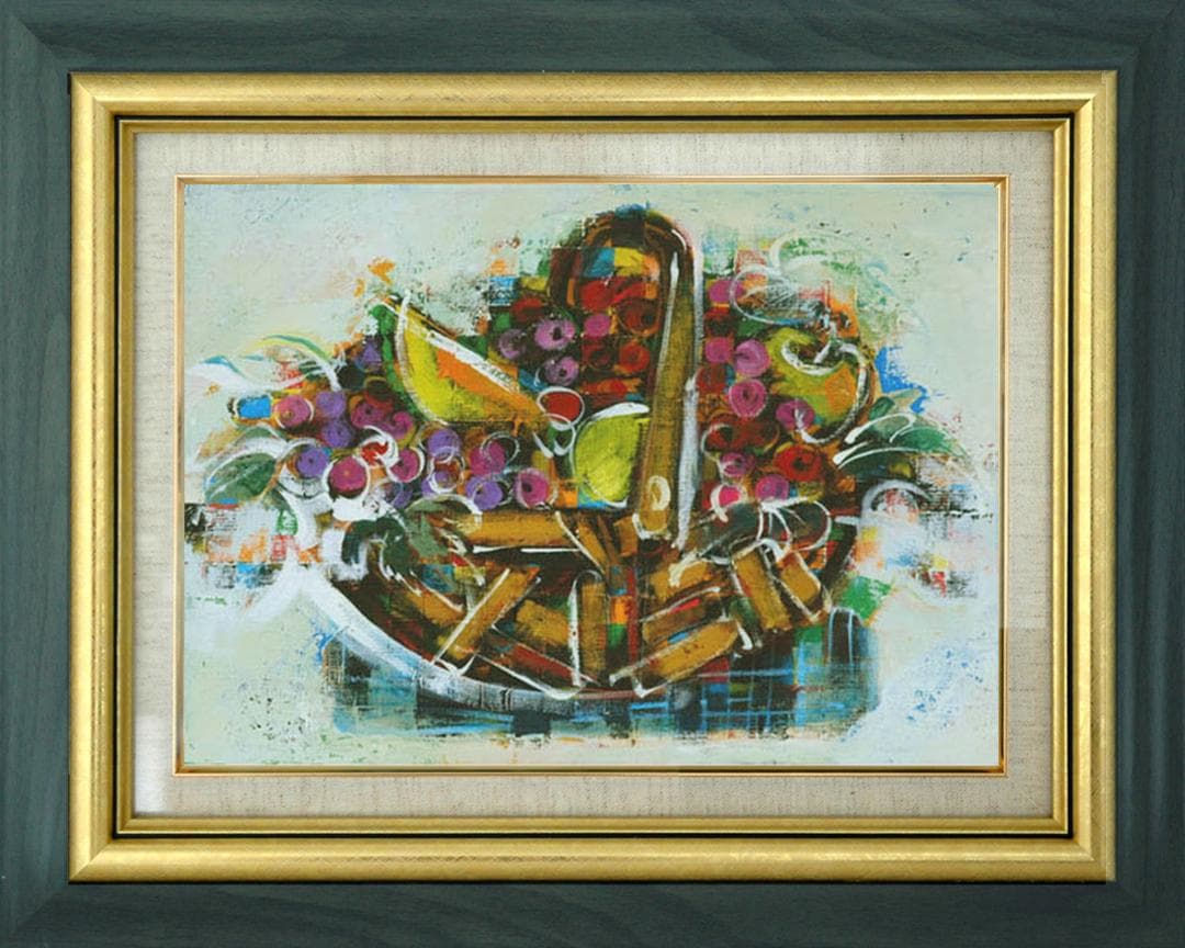 油絵菅家令子絵 絵画インテリア額付(青緑＋金色の枠)uF6-061403