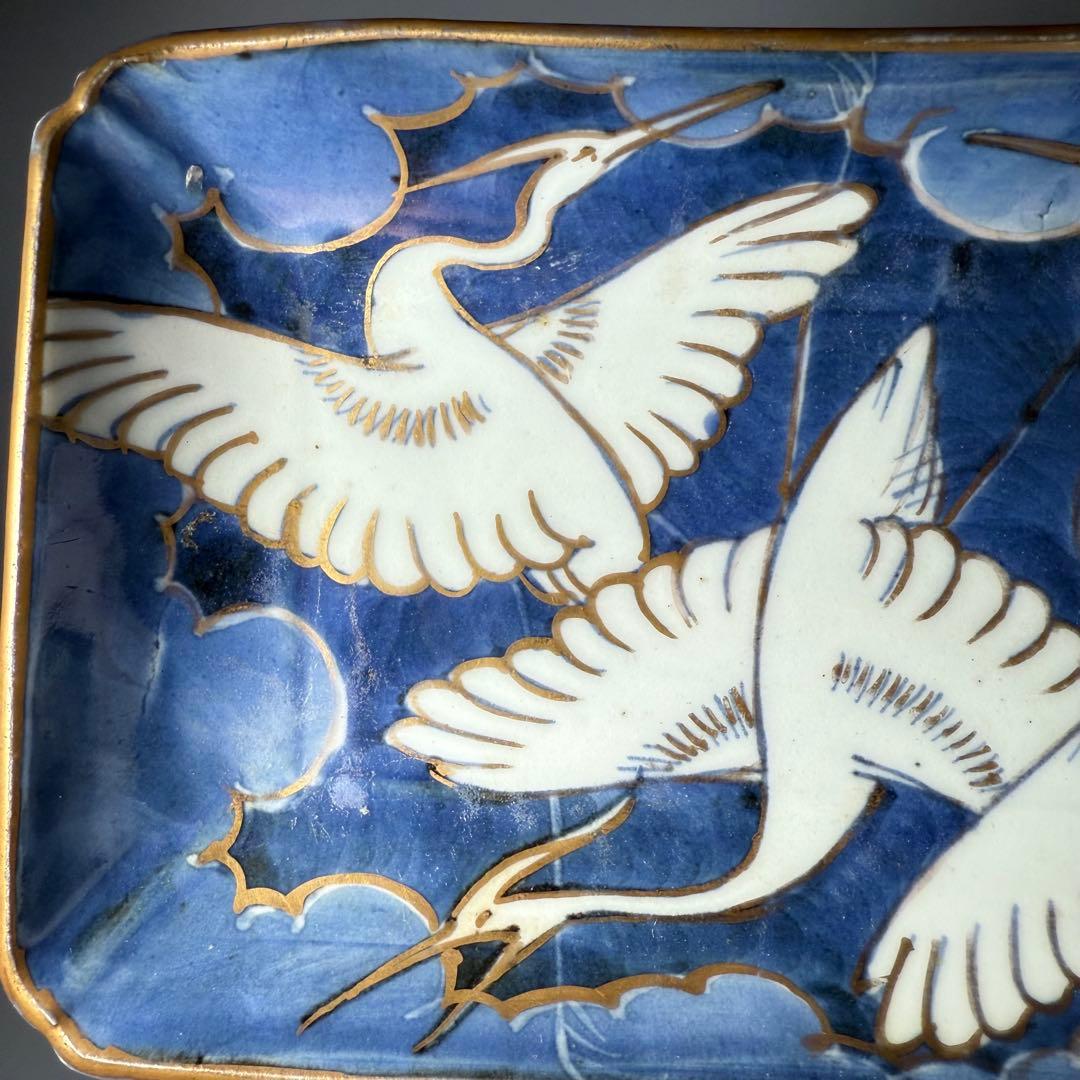 幕末明治期 染錦白鷺文様長皿 五客 古陶を楽しむ アンティーク