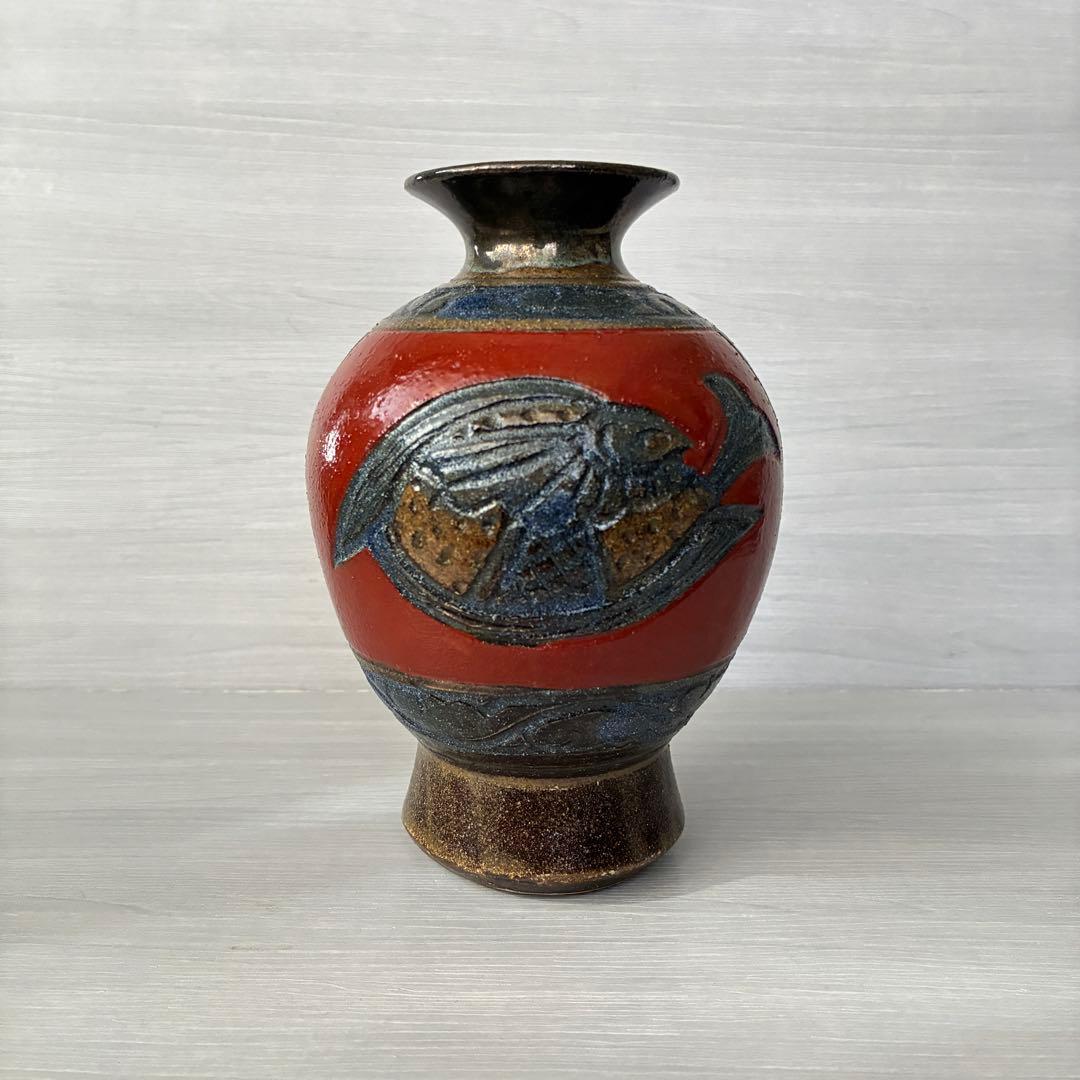 壺屋焼 小橋川清正 赤絵 魚紋 花瓶 沖縄 花器 インテリア 壺 工芸品