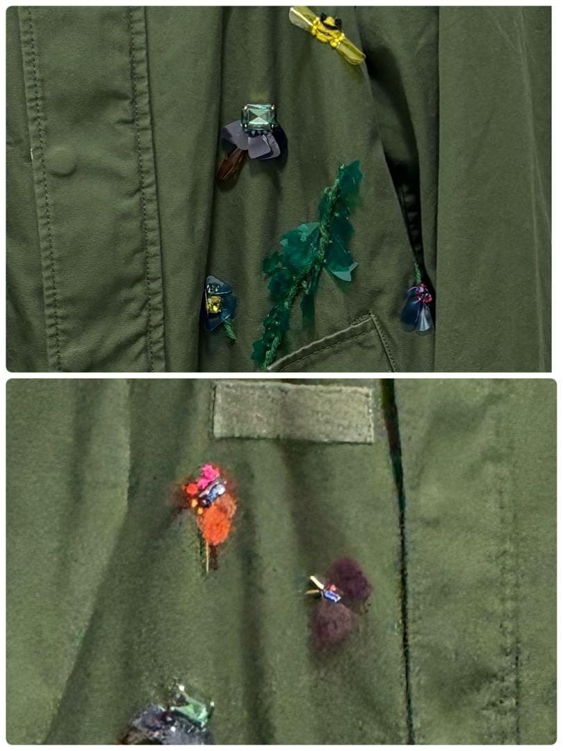 MUVEIL アクリル刺繍モッズコート ブルーフォックスファー フード 38