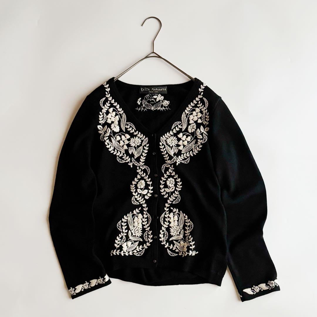 ケイタマルヤマ ウールカシミヤ ニット カーディガン 花刺繍 黒 1 フラワー KEITA MARUYAMA|KEITA MARUYAMA 花柄 刺繍ニットカーディガン|【ハード