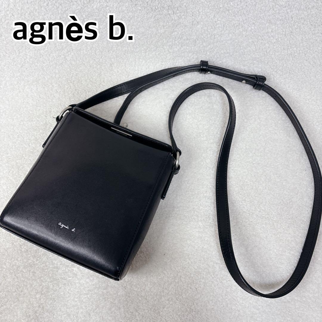 美品】agnès b. 黒 オールレザー ショルダーバッグ ターンロック