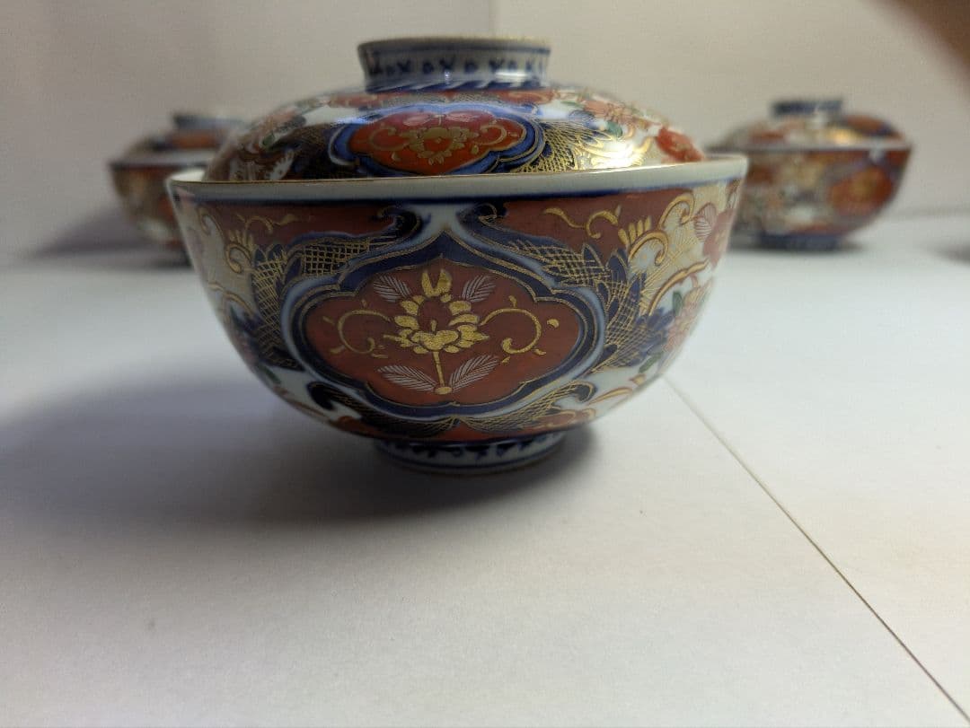 古伊万里、金襴手、『色絵三方唐草菊文蓋付碗』、5客、銘「富貴長春