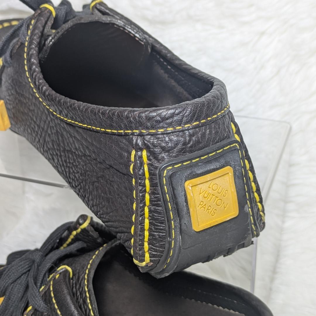 ルイヴィトン レザー ドライビングシューズ 7.5 黒×イエローステッチ
