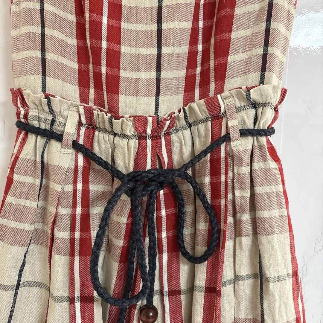 バーバリーブルーレーベル ノバチェック ノースリーブワンピース 麻 赤
