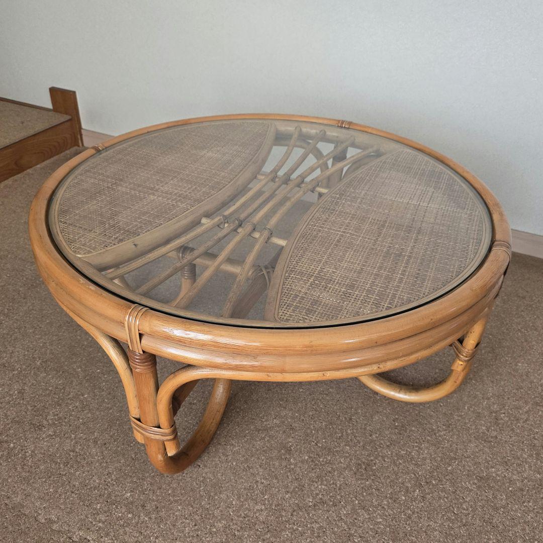 美品】ヴィンテージ ラタンテーブル 籐 ラウンド コーヒーテーブル 籐
