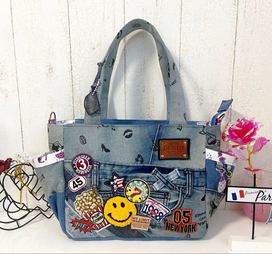 デニムリメイクバッグ　ワッペン沢山 ワッペンだらけデニムバッグ 毎度人気のワッペンいっぱいシリーズ