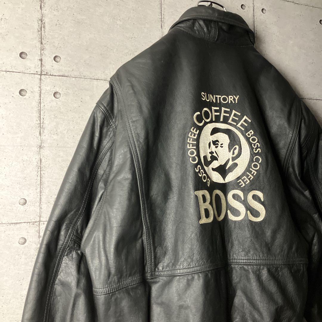 希少】サントリー BOSS☆革ジャン レザー 初代ボスジャン ビッグ刺繍