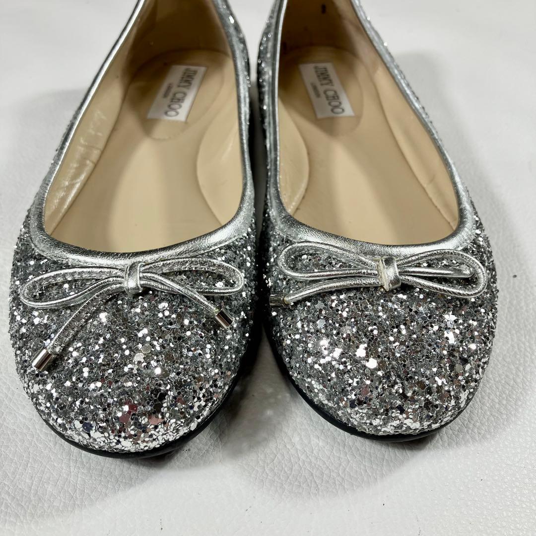極美品✨ジミーチュー　シルバー　フラット バレエシューズ　リボン　22.5cm