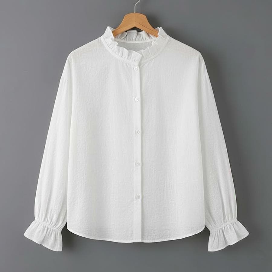 新品 フリル付きホワイトシャツ 長袖 白 レディース 可愛い 綿麻混 春