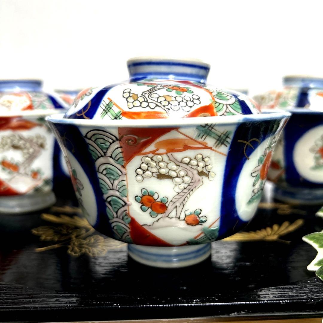 骨董品 古伊万里 月弓 金彩染錦窓絵 青海波紋 蓋付鉢 丼茶碗 有田焼