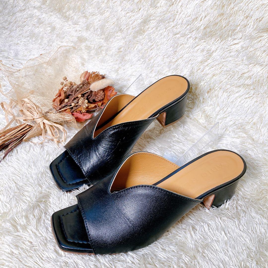 ファビオルスコーニ レザー Vカット ミュール サンダル 太ヒール 黒