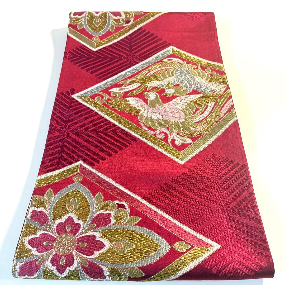 6k282 袋帯 唐織 正倉院文様 華文 鳳凰 赤 金色 銀色 ピンク 柄物