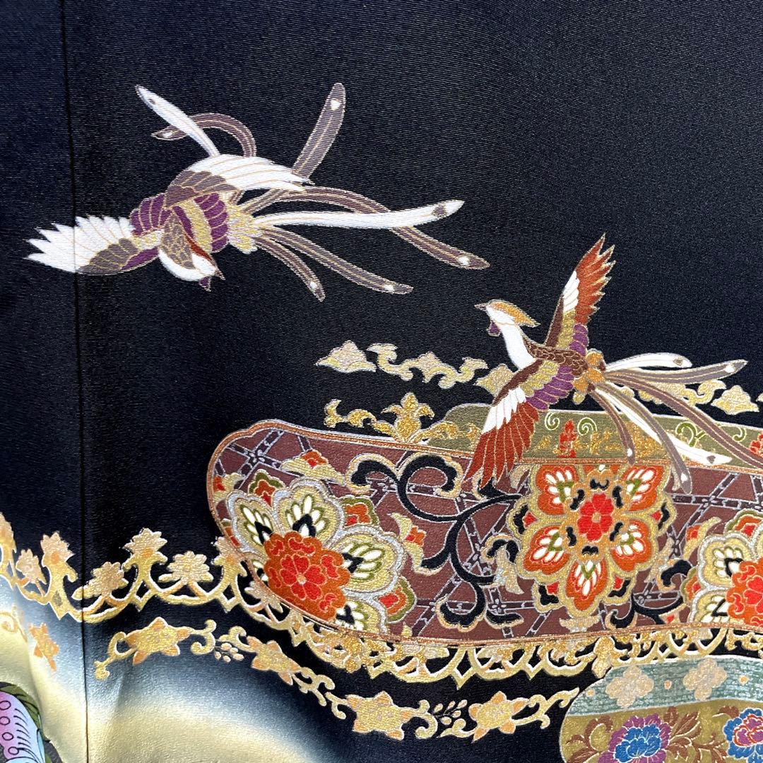D916 黒留袖匠落款鳳凰華文金駒刺繍桐紋正絹着物袷極美品