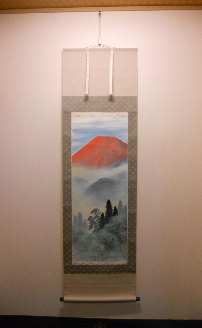 掛け軸 清水栄一 赤富士之図 絹本 希少 軸装 茶道具 掛軸 二重箱 美品