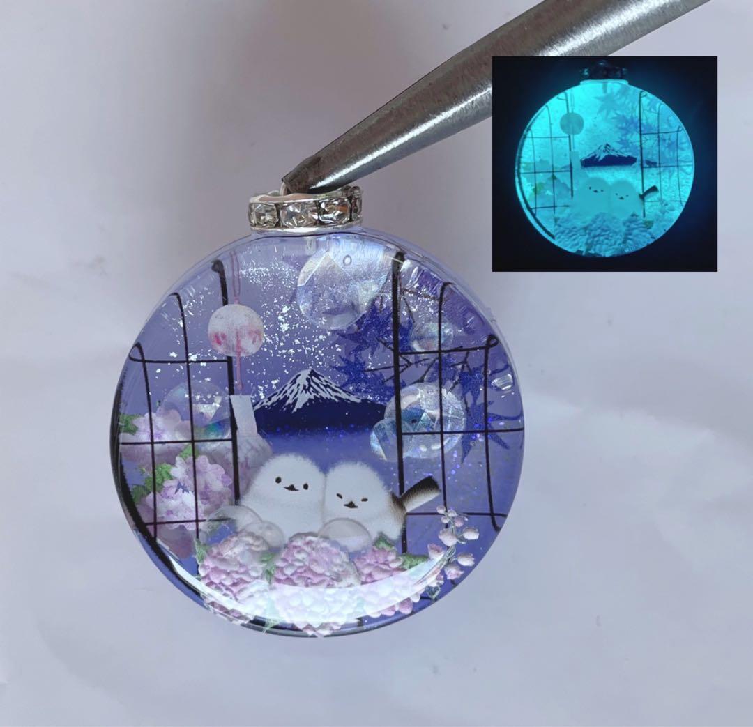 RUKURUKU様専用/紫陽花と富士山とシマエナガ オルゴナイトキーホルダー