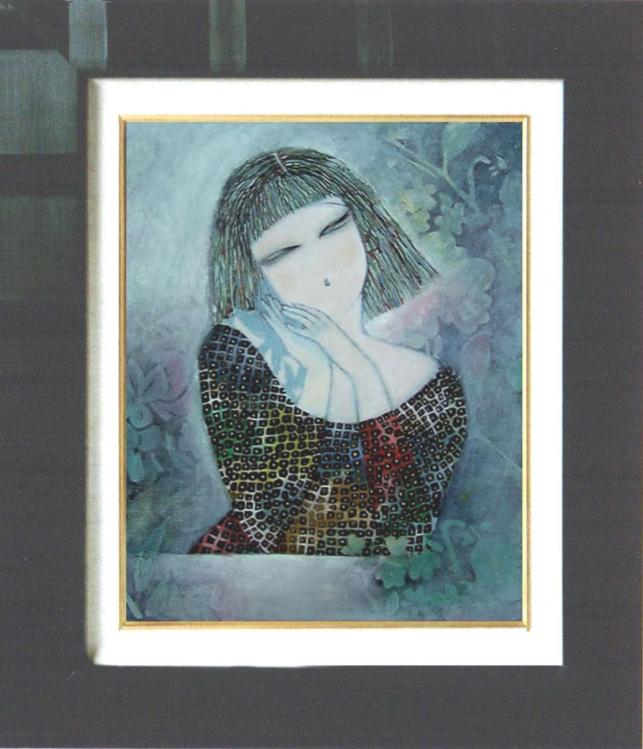 油絵 菅家令子 絵 絵画 インテリア 額付(黒) F6-72023 人物 女性像 油絵 菅家令子 絵 絵画インテリア 額付(青緑＋金色の枠)uF6-113302花