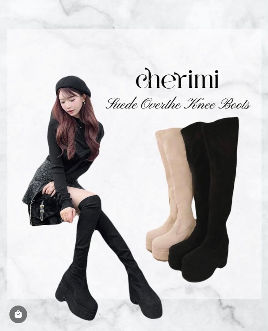 cherimi ブラック スエード オーバーザニー ブーツ - メルカリ