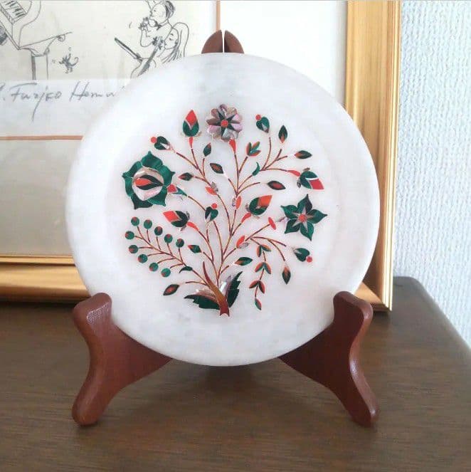 花の螺鈿象嵌プレート大理石インド工芸品飾り皿 タージマハル スタンド