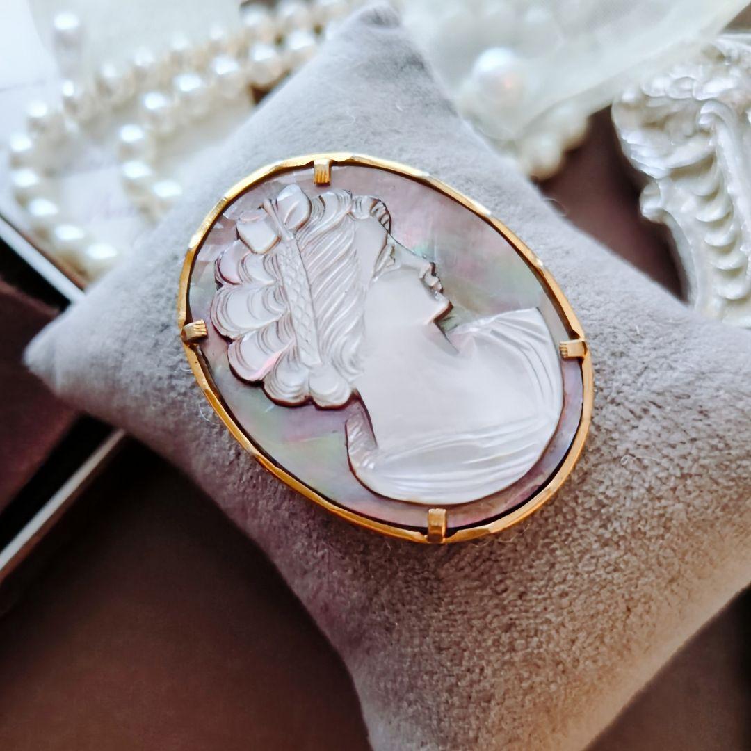 CAMEO 黒蝶貝 カメオブローチ 貴婦人 横顔 彫刻 シェルカメオ