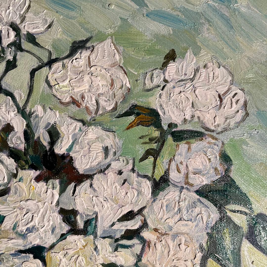 ☆秀作☆ 手書き油絵 ゴッホ 花瓶のバラ額付 肉筆絵画 オファー