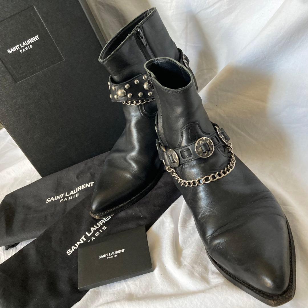 希少 サンローランパリ ヒールブーツ コンチョ チェーン エディ期 15SS