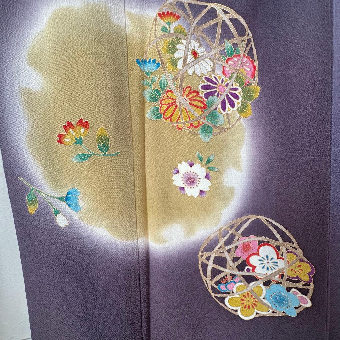 超美品 正絹 袷 訪問着 着物 168 裄70 ちりめん 金彩 紫 藤色 トール