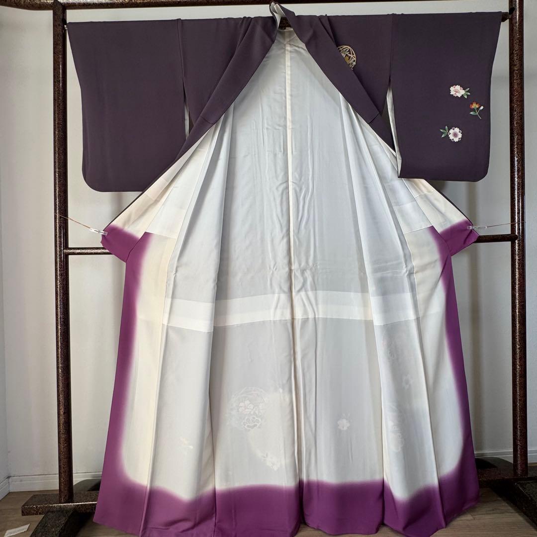 超美品 正絹 袷 訪問着 着物 168 裄70 ちりめん 金彩 紫 藤色 トール