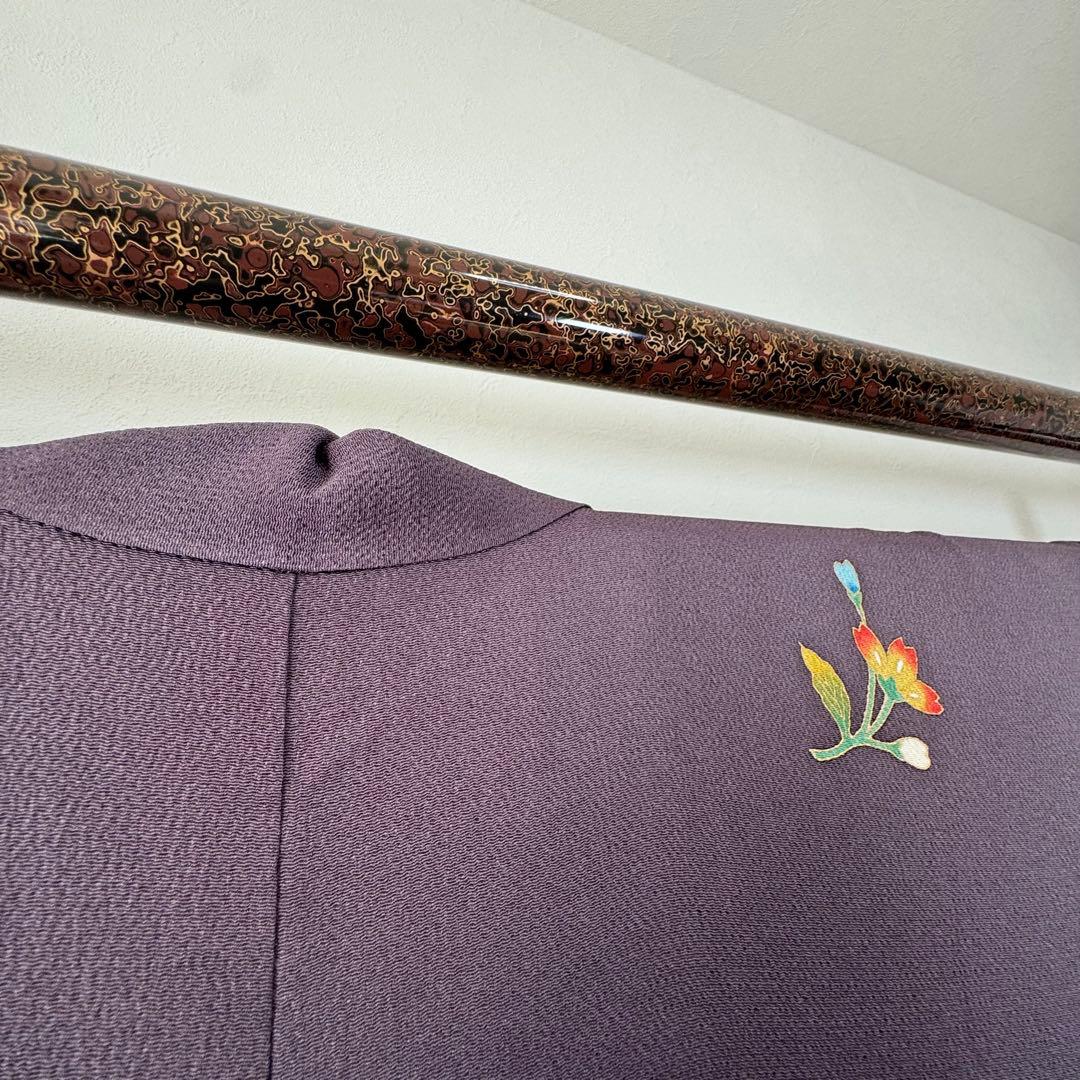 超美品 正絹 袷 訪問着 着物 168 裄70 ちりめん 金彩 紫 藤色 トール