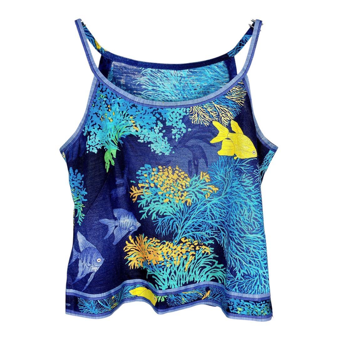 マカ113 超美品 レオナール リネンキャミソール トップス ブルー Lサイズ マカ113 超美品 レオナール リネンキャミソール トップス ブルー L