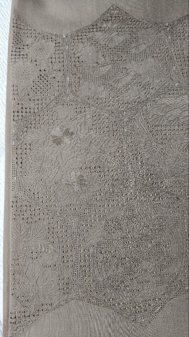 袋帯 スワトウ刺繍 紬地 正倉院花唐草文様 モスグリーン無地 - メルカリ