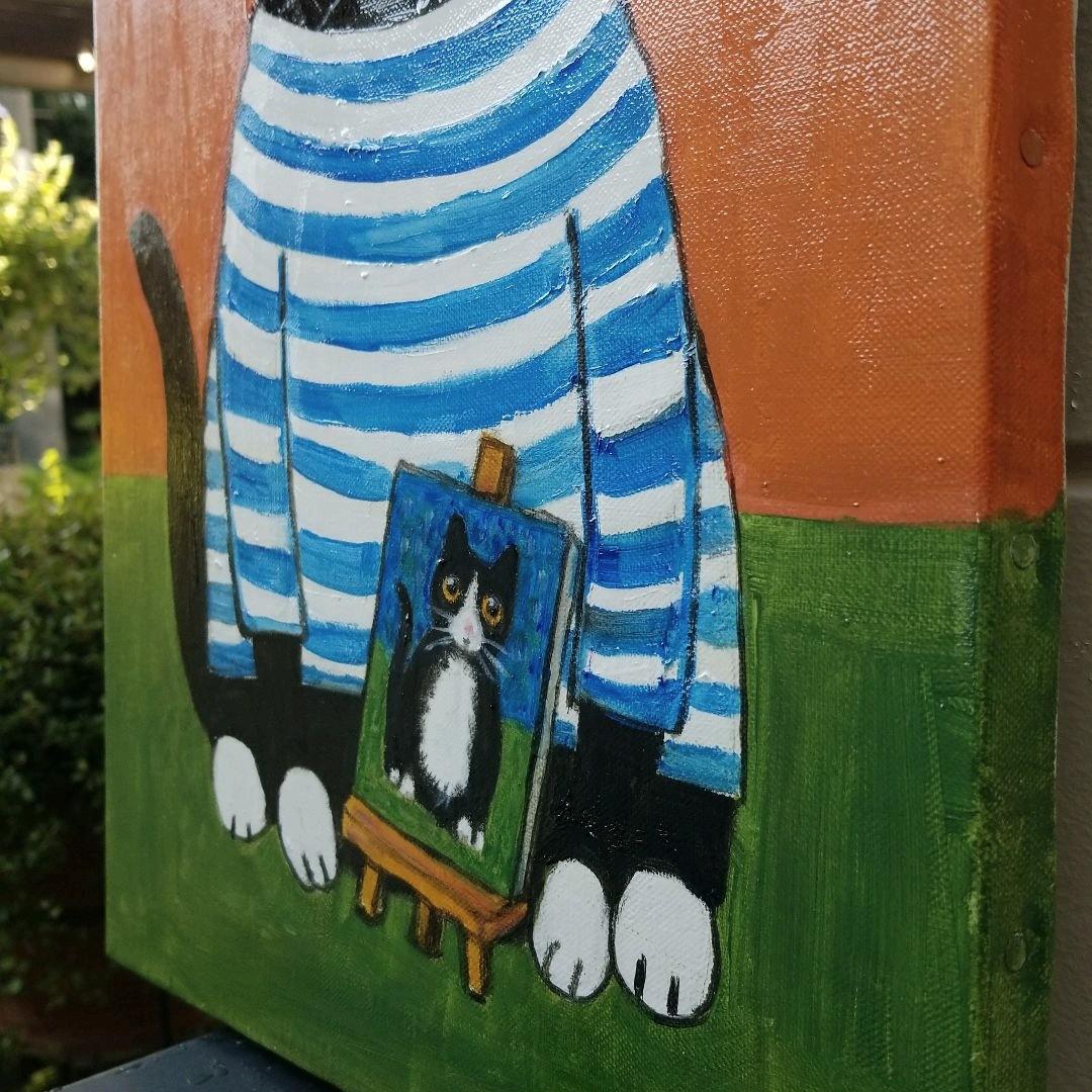 油絵 専用 バスクシャツを着て自画像を描く猫