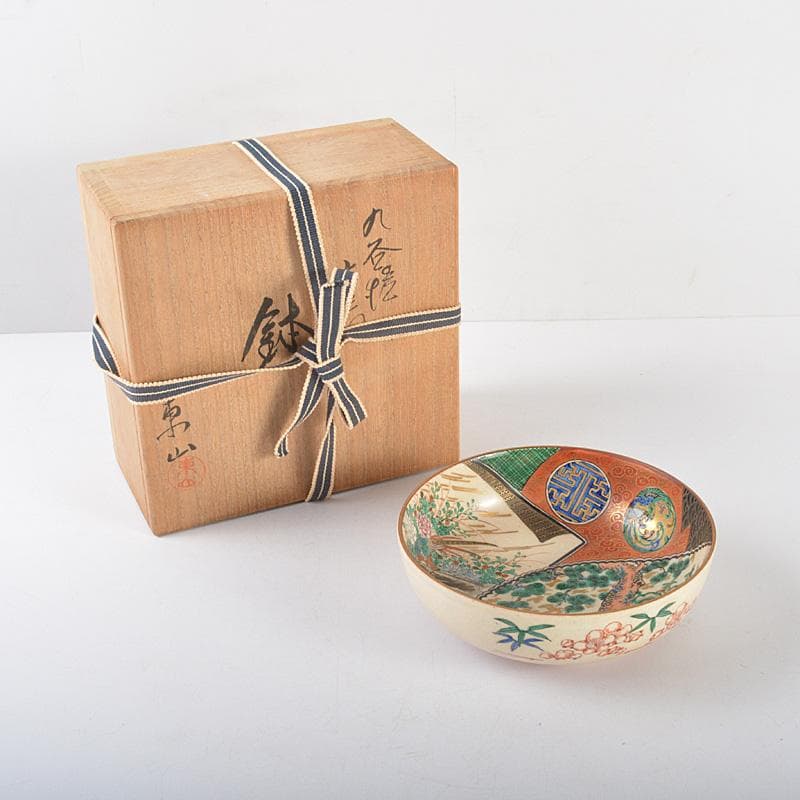 九谷焼　東山造　庄三風　色絵山水人物文鉢　共箱　V　R5442 九谷焼 東山造 庄三風 色絵山水人物文鉢 共箱 V R5442