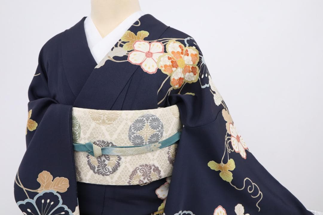 《st★長尺■訪問着■彩り花枠に吉祥文の花々植物■濃紺◆HA3-23》