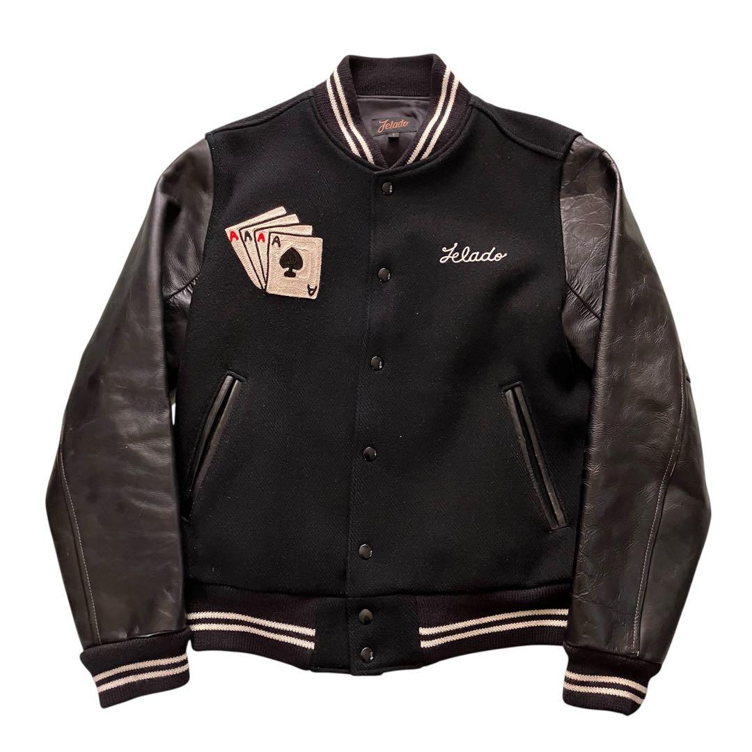 ジェラード 50's復刻 \"SINNERS\" チェーン刺繍 本革袖スタジャン 黒