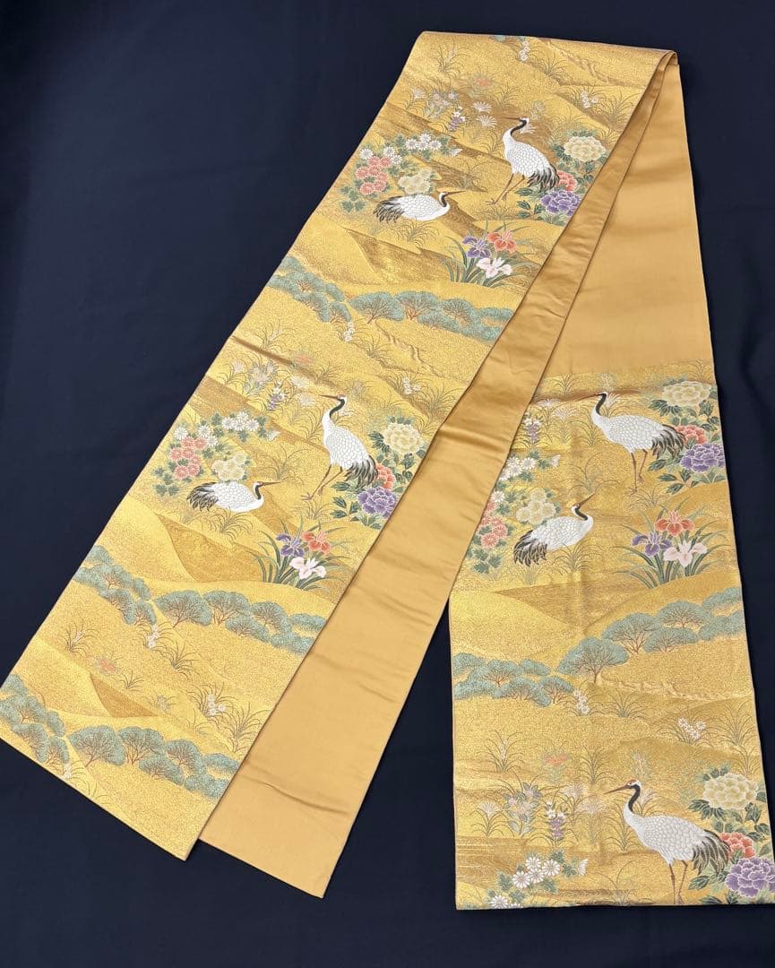西陣　長嶋成織物　袋帯　瀞金錦 本金箔 寿鶴遠山文　正絹《ふ339》江戸小もーん