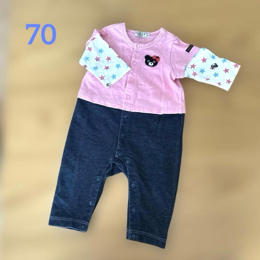 DOUBLE.B ロンパース 70㎝ ピンク/デニム 重ね着風 ミキハウス - メルカリ