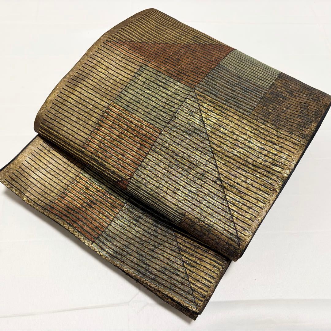 A ◇着物くつろぎ 幾何学模様 金糸 正絹 六通 袋帯 O33 - メルカリ