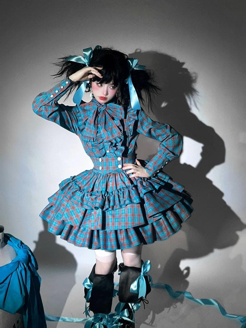 即納」CATCOCOONクラシカルドール 長袖 セットアップ 青チェック