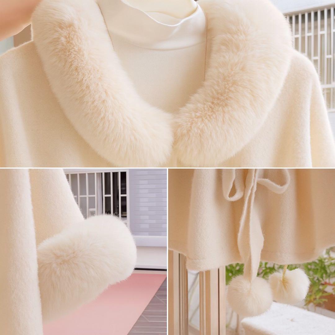 ケープ コート ポンチョ ファー ふわふわ アイボリー 韓国 miu系穿搭