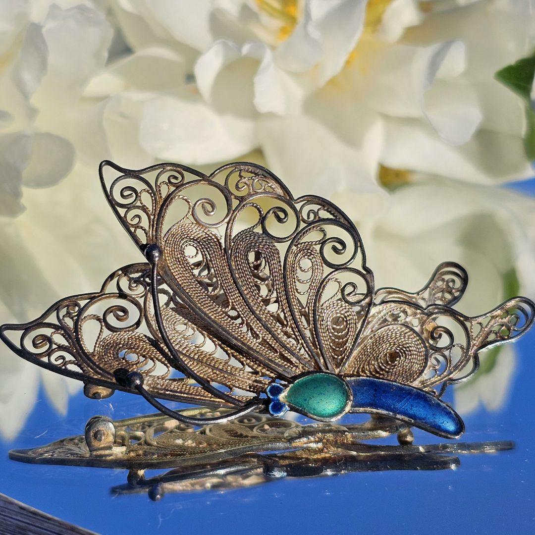 267 蝶々 銀線細工 ヴィンテージブローチ 中国七宝 フィリグリー