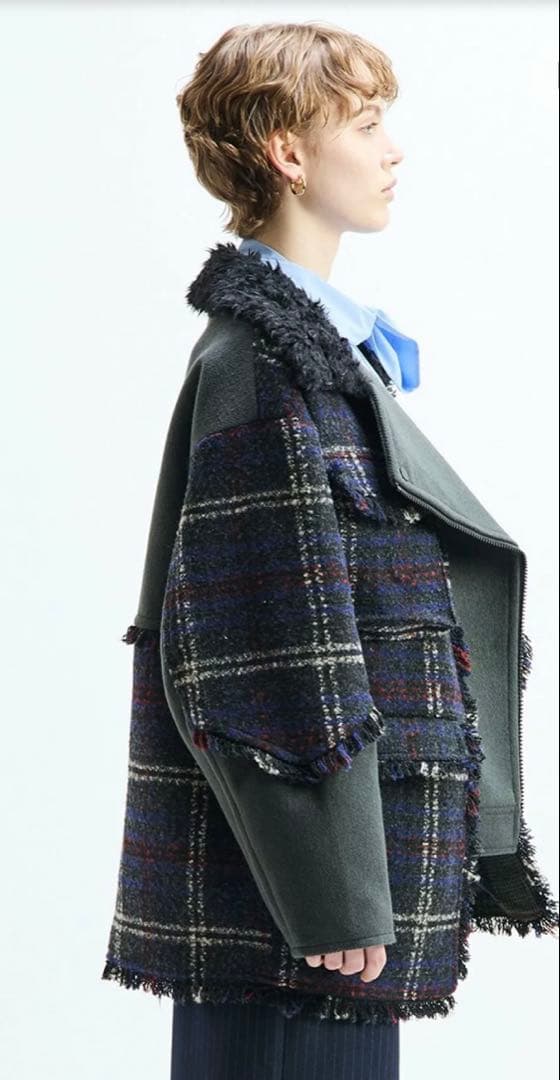 新品AULAAILA パッチワークボアチェックフリンジライダース