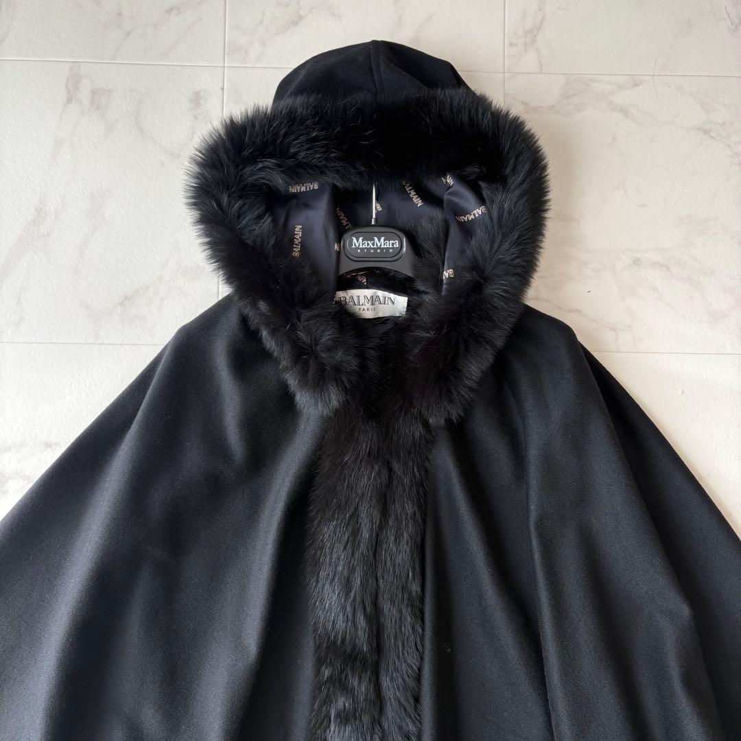 最高級✨《バルマン》カシミヤ100% フォックスファー 裏地シルク ポンチョ