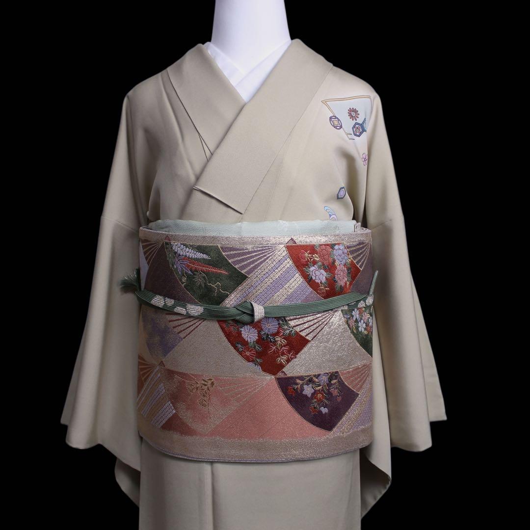 美品　読み本に十二単模様訪問着/裄69 スーパートールサイズ　ベージュ　d5